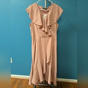 Size Large Women's V Neck Ruffle A Line Belted Sleeveless Cocktail Dress Pink